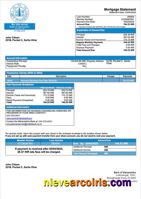 India Bank of Maharashtra mortgage statement Word and PDF template